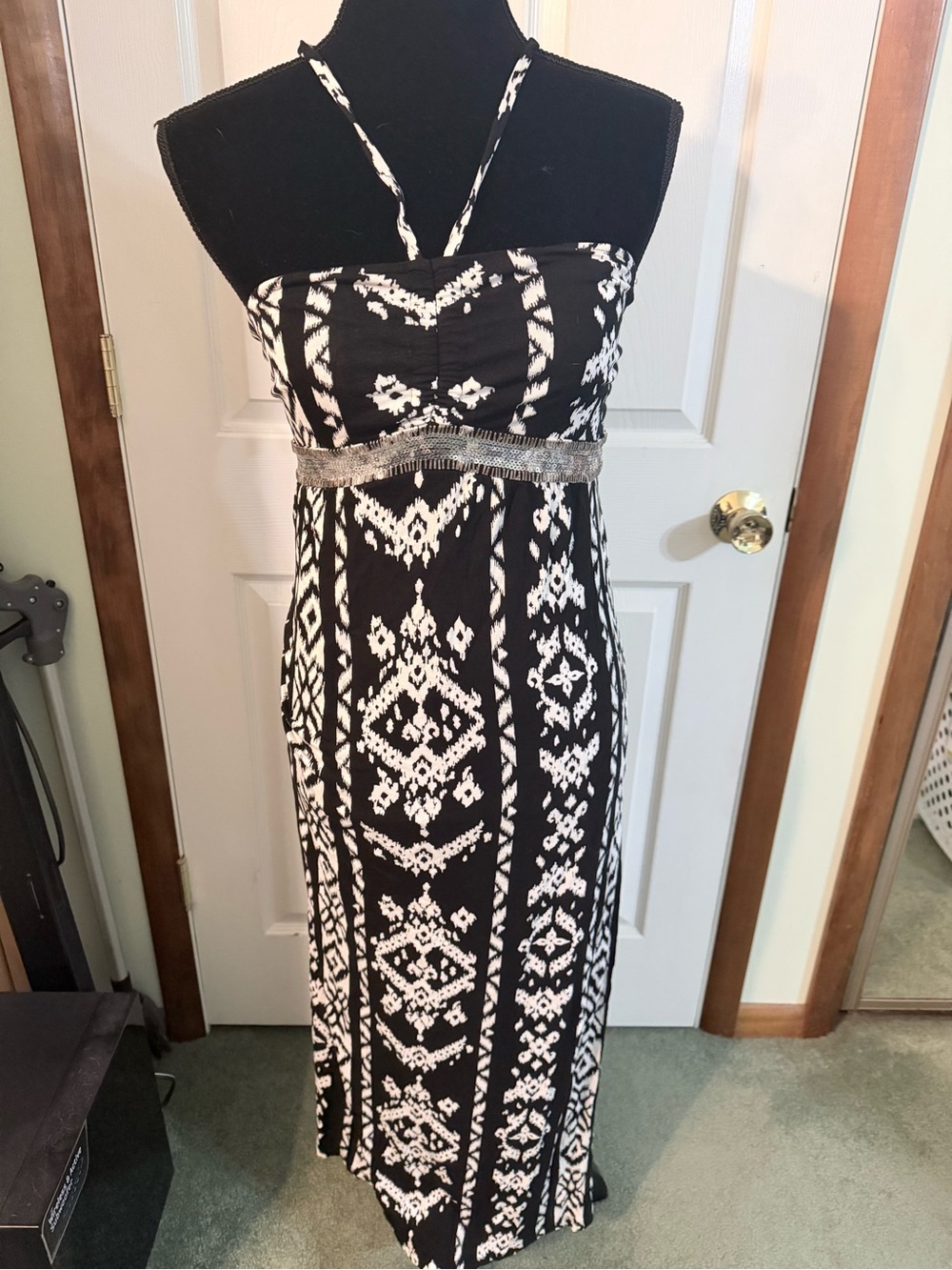 Black & White Halter Maxi Dress with Beaded Waist